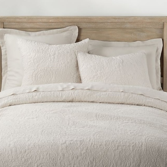 Pottery Barn Bedding Euro Sham Belgian Flax Linen Floral Stitch